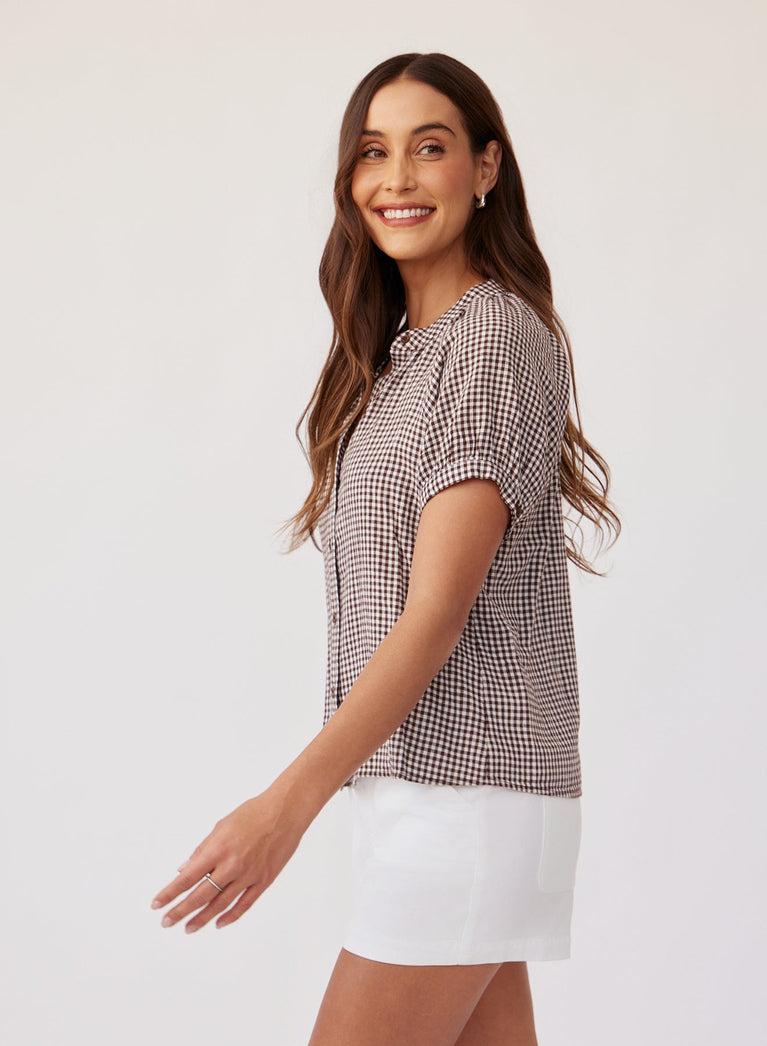 Bella Dahl Short Sleeve Raglan Shirt - Brown Micro Gingham