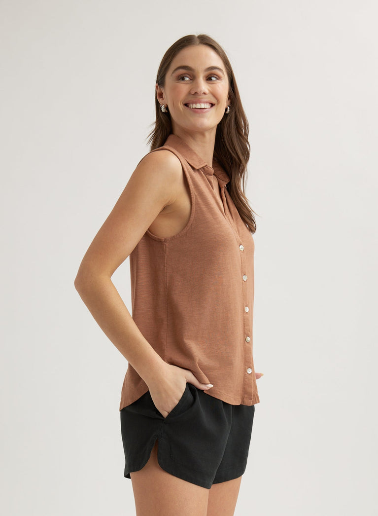Bella Dahl Sleeveless Button Front Top - Terracotta Brown