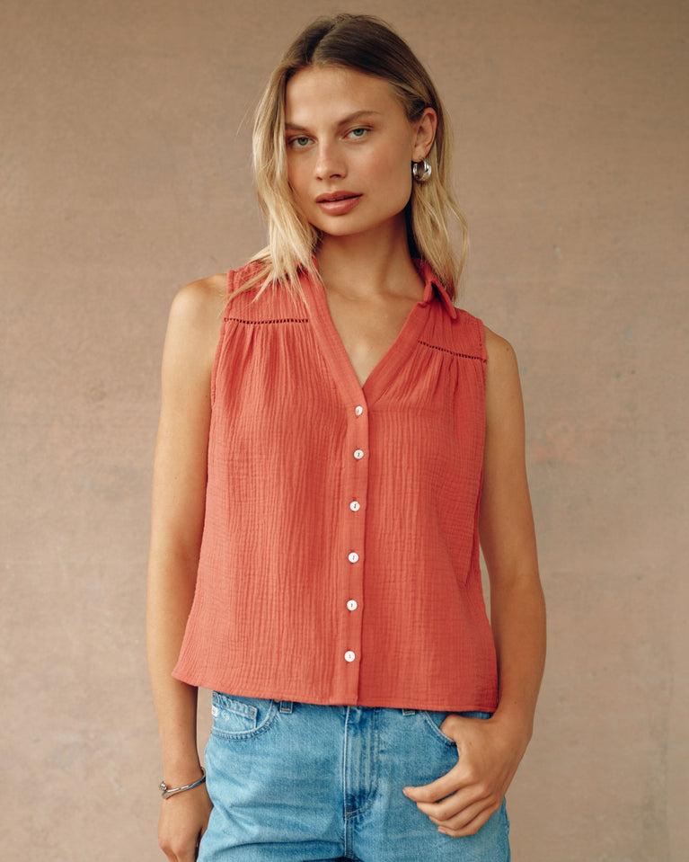 Bella Dahl Sleeveless Ladder Trim Shirt - Cherry Rose