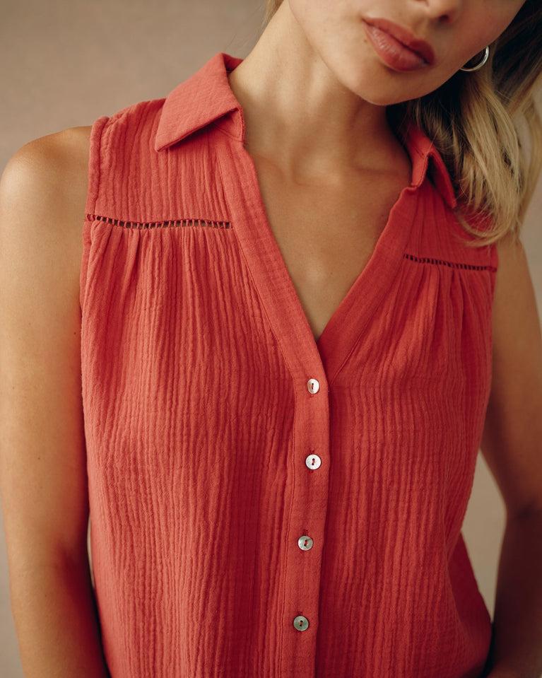 Bella Dahl Sleeveless Ladder Trim Shirt - Cherry Rose
