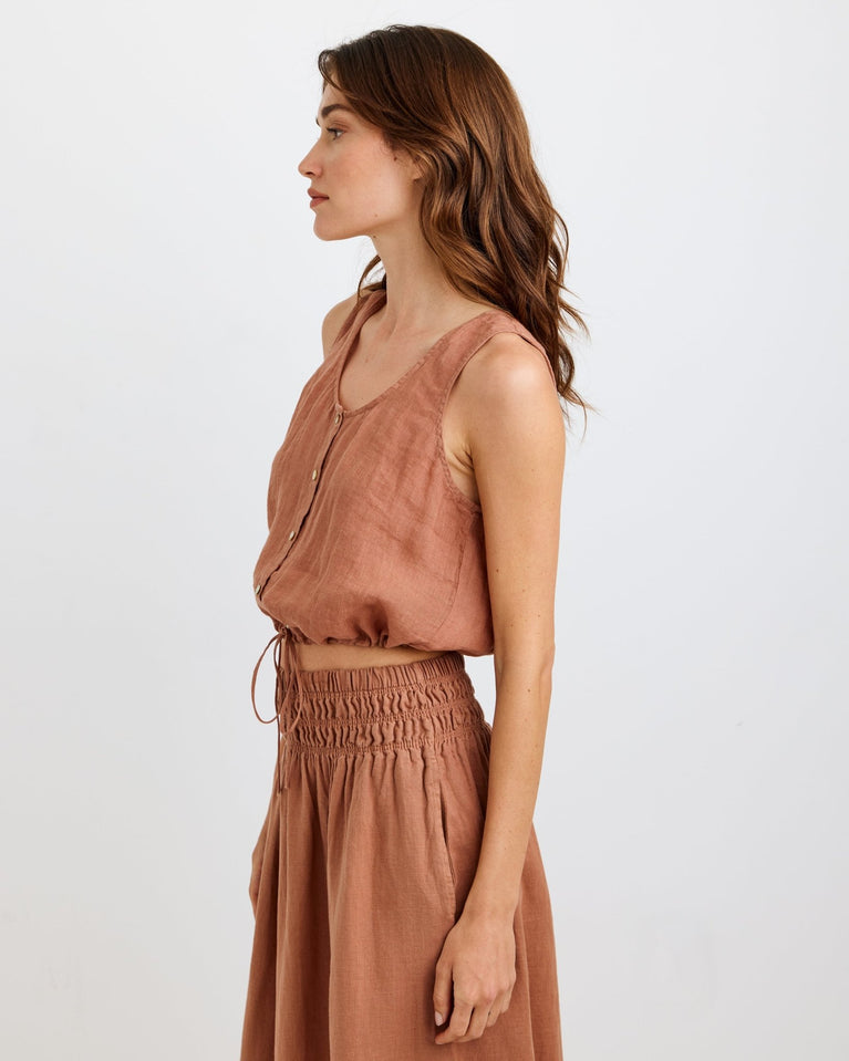 Bella Dahl Sleeveless Tie Waist Button Front Top - Coastal Brown