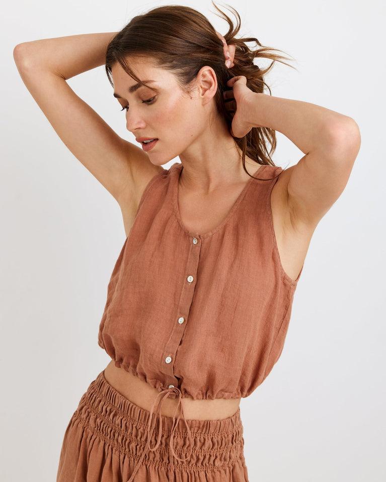 bella dahl Sleeveless Tie Waist Button Front Top - Coastal Brown