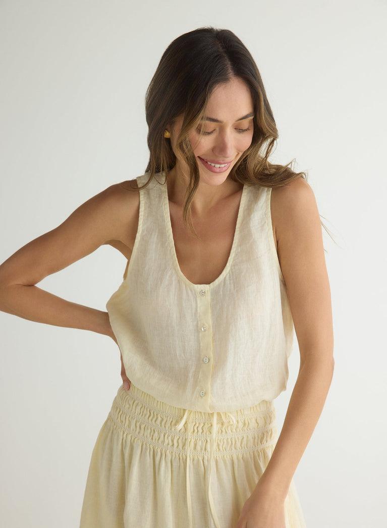 Bella Dahl Sleeveless Tie Waist Button Front Top - Soft Yellow