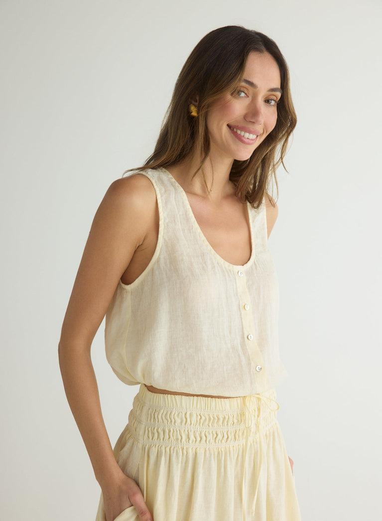 Bella Dahl Sleeveless Tie Waist Button Front Top - Soft Yellow