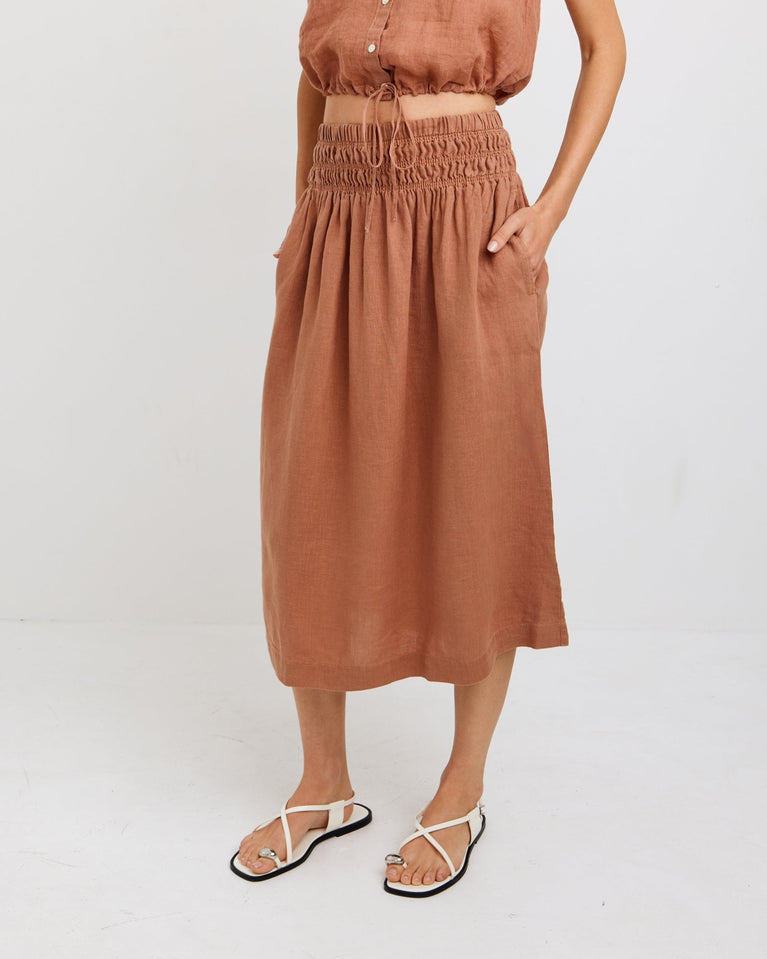 Bella Dahl Smocked Waist Gathered Skirt - Coastal Brown
