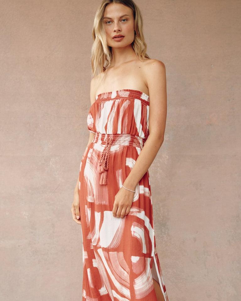 Bella Dahl Strapless Elastic Waist Midi Dress - Abstract Art Print