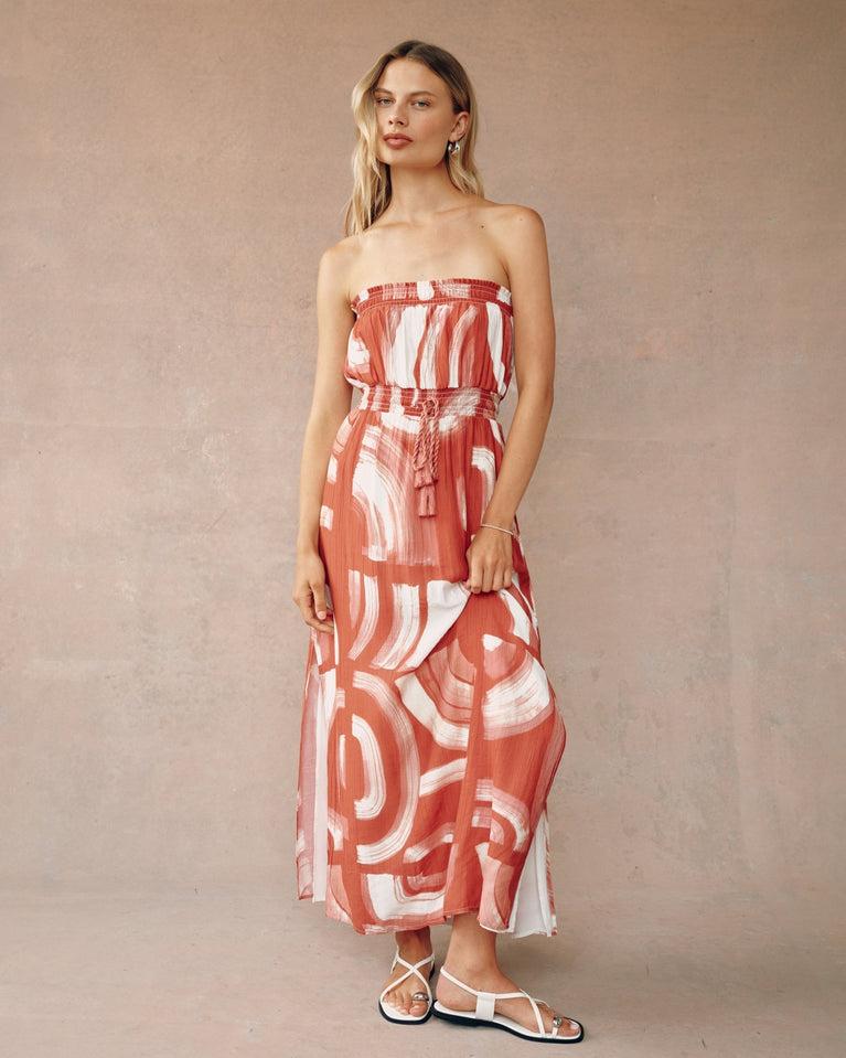 bella dahl Strapless Elastic Waist Midi Dress - Abstract Art Print