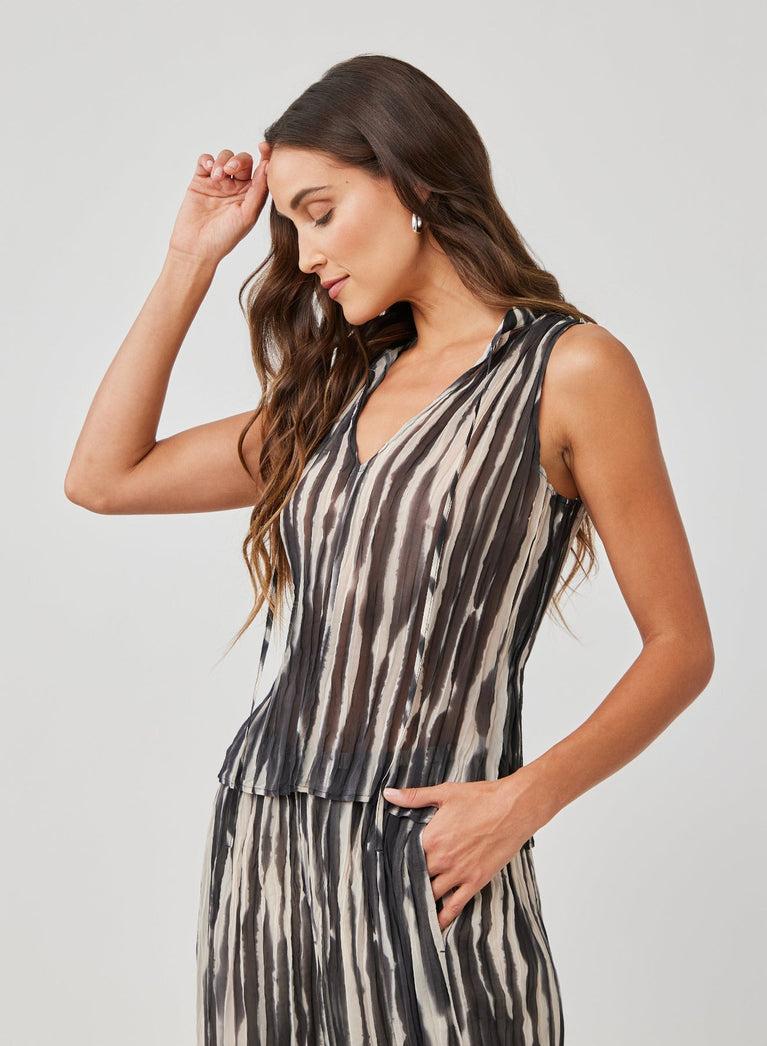Bella Dahl Tie Neck Pleated Top - Brushed Stripe Print