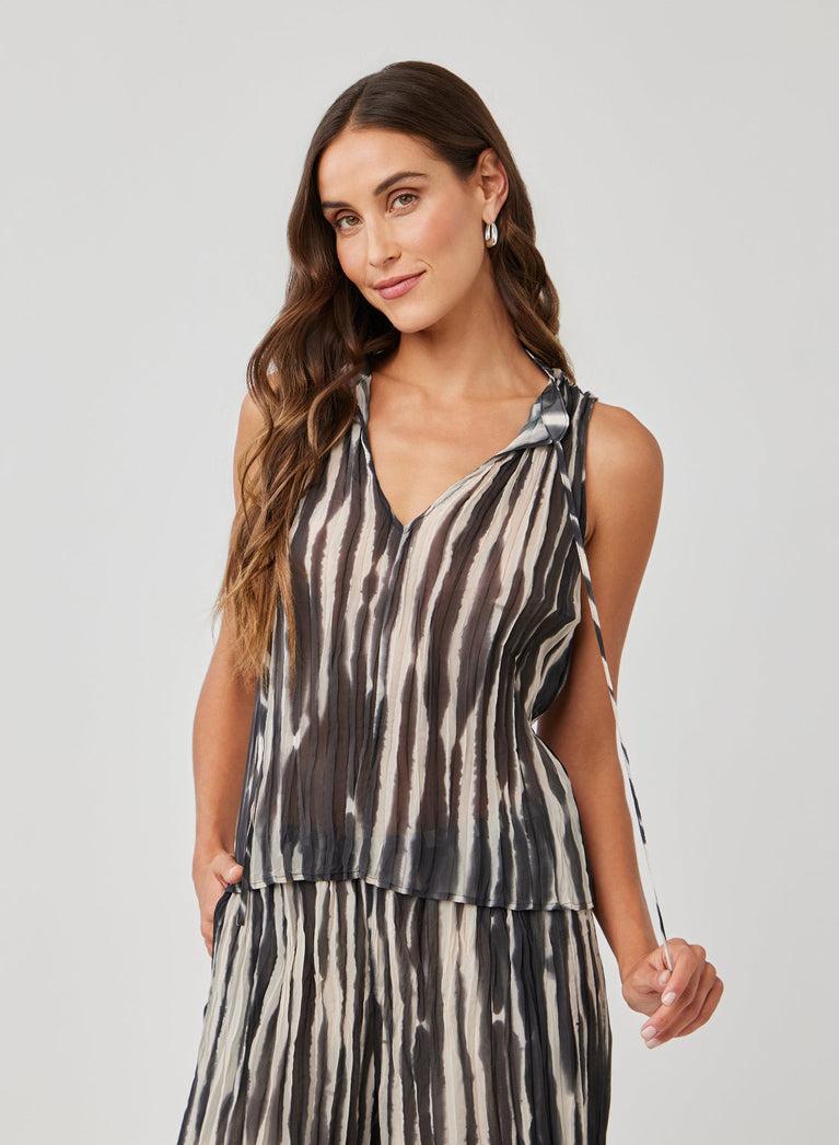 bella dahl Tie Neck Pleated Top - Brushed Stripe Print