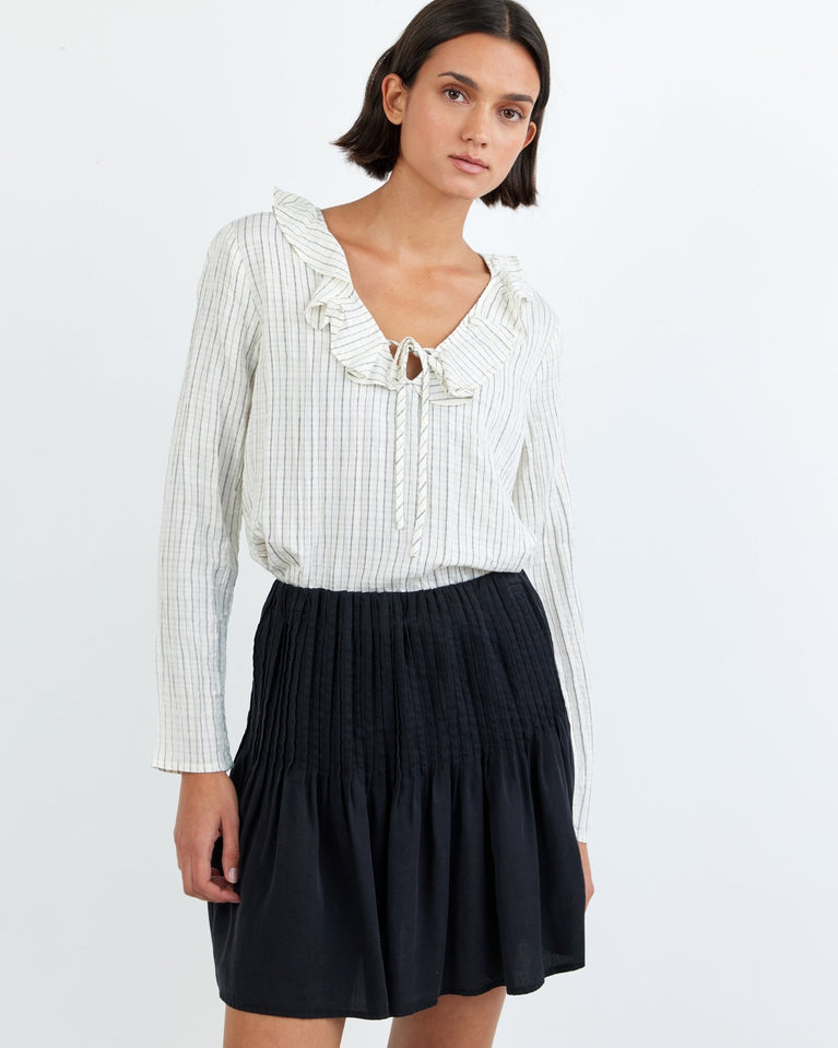 Bella Dahl Tie Ruffle Neck Top - Ecru/Black Pinstripe