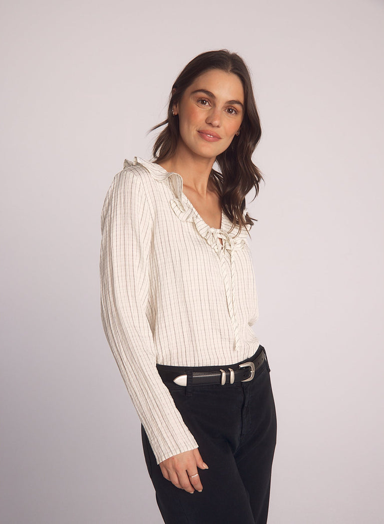 Bella Dahl Tie Ruffle Neck Top - Ecru/Black Pinstripe