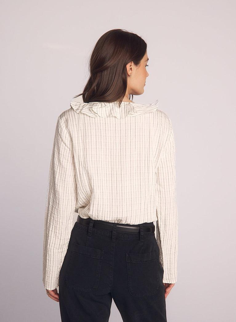 Bella Dahl Tie Ruffle Neck Top - Ecru/Black Pinstripe