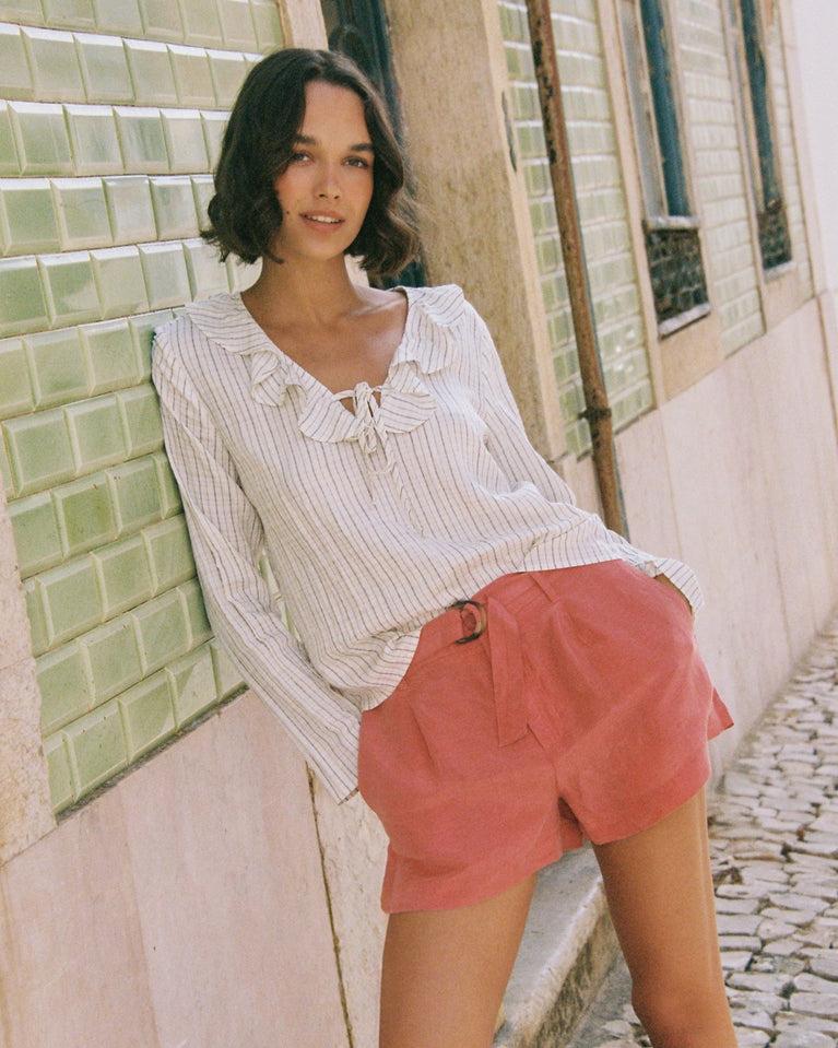 bella dahl Tie Ruffle Neck Top - Ecru/Black Pinstripe