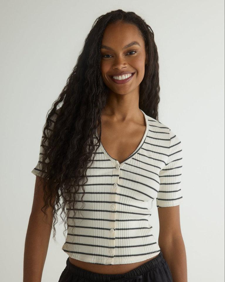 Bella Dahl V-Neck Short Sleeve Cardigan - Cannes Stripe