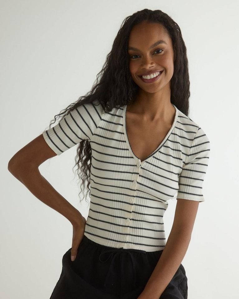 Bella Dahl V-Neck Short Sleeve Cardigan - Cannes Stripe