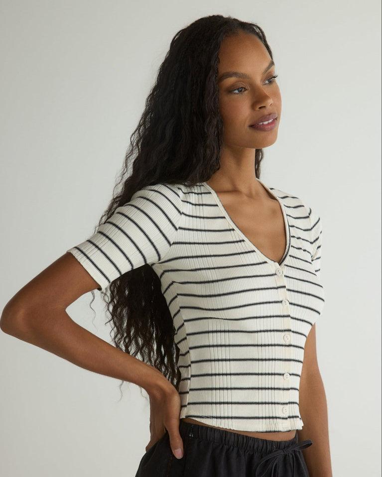 Bella Dahl V-Neck Short Sleeve Cardigan - Cannes Stripe