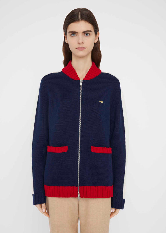 Bella Freud COLLEGE ZIP UP BOMBER JACKET | NAVY & RED | XS – Bella Freud
