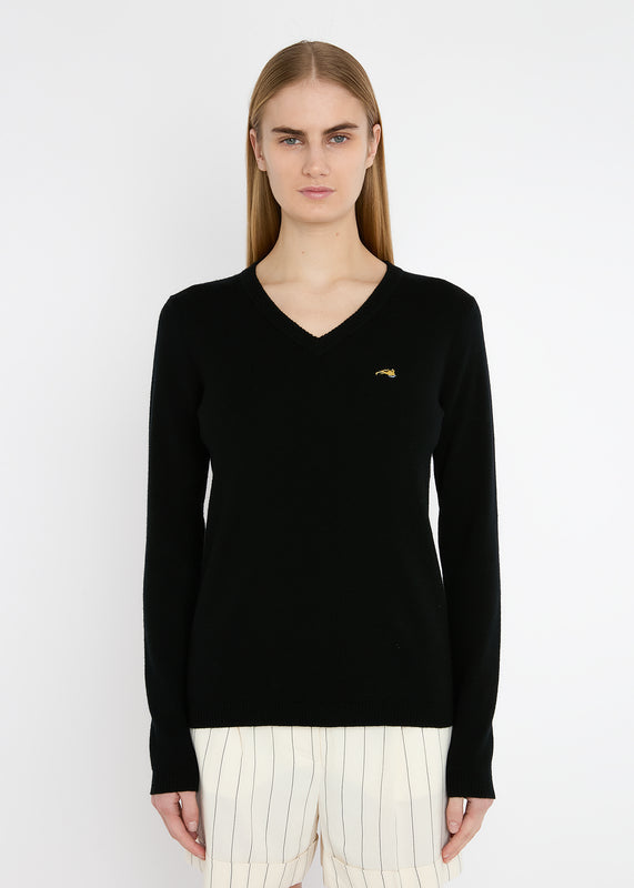 Bella Freud EMBROIDERED DOG V-NECK JUMPER | BLACK | XS – Bella Freud