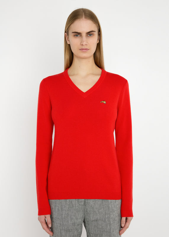 Bella Freud EMBROIDERED DOG V-NECK JUMPER | RED | XS – Bella Freud