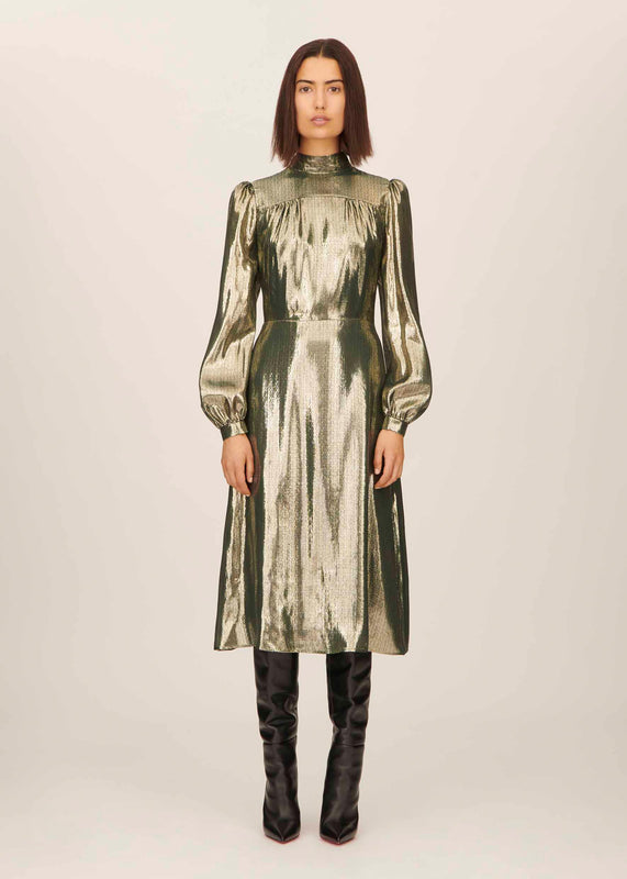 Bella Freud Liquid Lamé Anjelica Midi Dress In Forest Green L Bella Freud