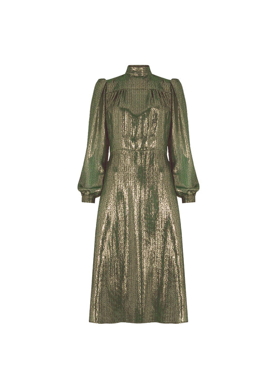 bella freud Liquid Lamé Anjelica Midi Dress in Forest Green l Bella Freud