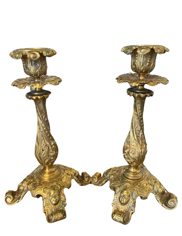 Bellápierre Antique Pair Of Opulent French Rococo Gilded Brass Candlesticks