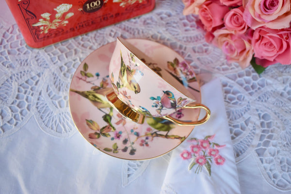 Bellápierre Blush Pink And Gold With Birds Teacup And Saucer