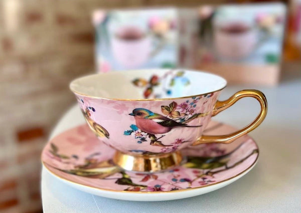 bellápierre Blush Pink and Gold with Birds Teacup and Saucer