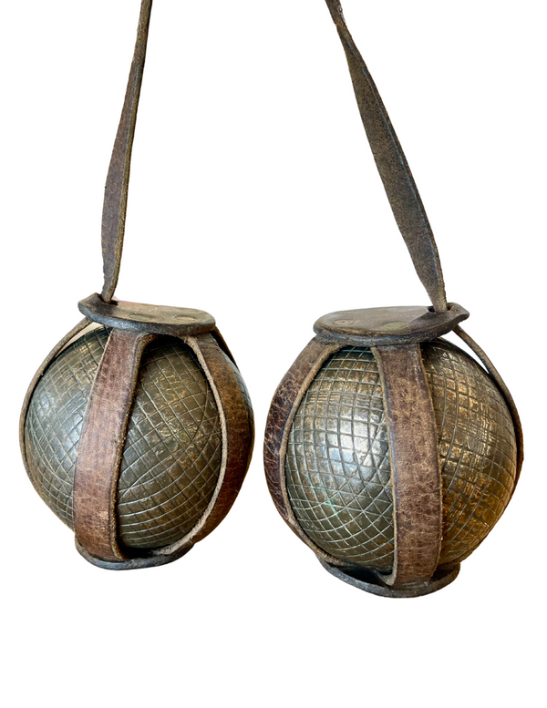 Bellápierre Pair Of Antique French Boule "Bocce" Balls | Solid Brass With Original Leather Strap | C. 1890–1900
