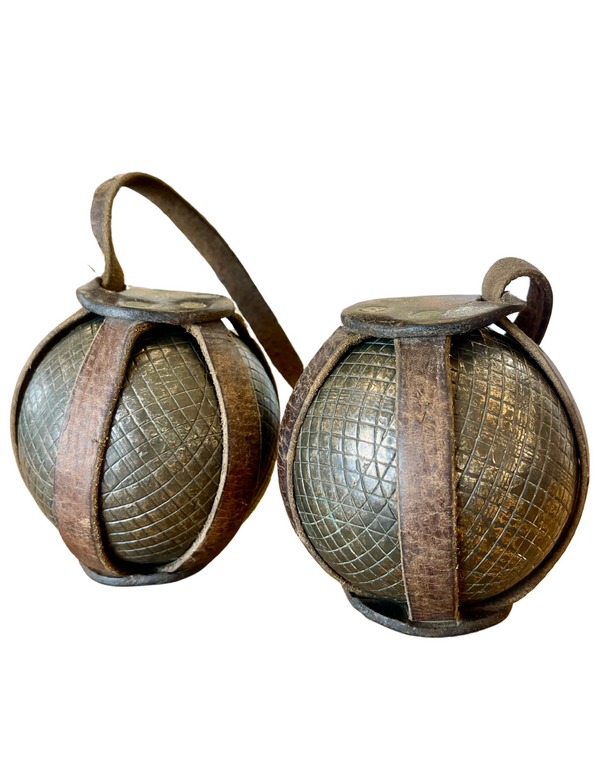 bellápierre Pair of Antique French Boule "Bocce" Balls | Solid Brass with Original Leather Strap | c. 1890–1900