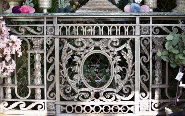 bellápierre The Marquee Console | Custom Console Table with Antique Theater Balcony Ironwork & Green Marble Top