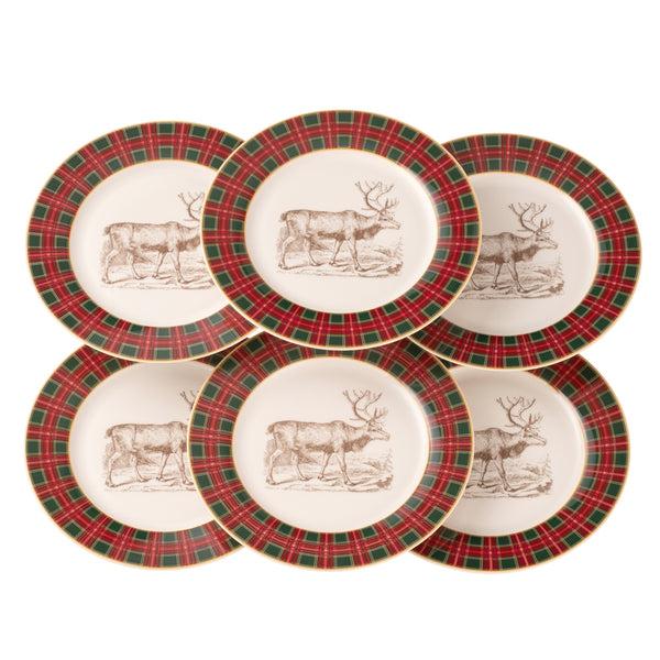 belleek Aynsley Tartan Reindeer Tea/Dessert Plates Set of 6