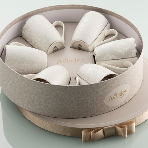 Belleek Aynsley Silver Brocade 6 Mugs In Hat Box