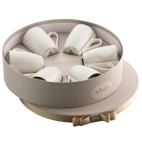 belleek Aynsley Silver Brocade 6 Mugs in Hat Box