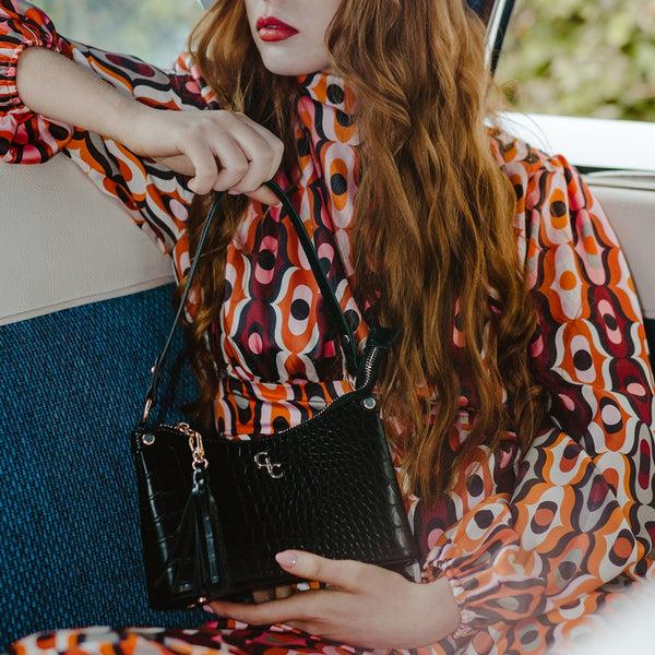 Belleek Galway Crystal Fashion Mini Shoulder Bag Black Croc Detail