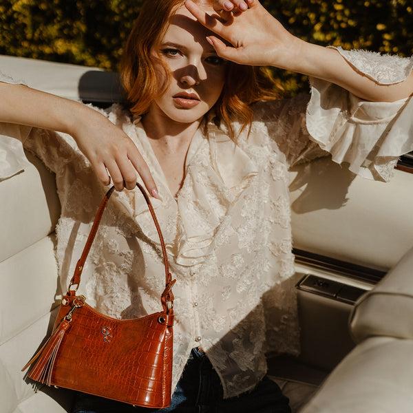 Belleek Galway Crystal Fashion Mini Shoulder Bag Tan Croc Detail