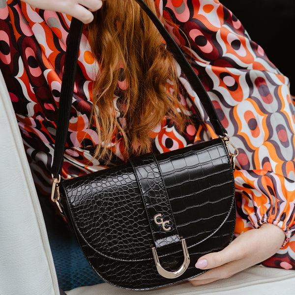 Belleek Galway Crystal Fashion Saddle Bag Black Croc Detail