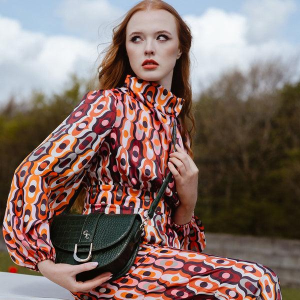 Belleek Galway Crystal Fashion Saddle Bag Forest Green Croc Detail