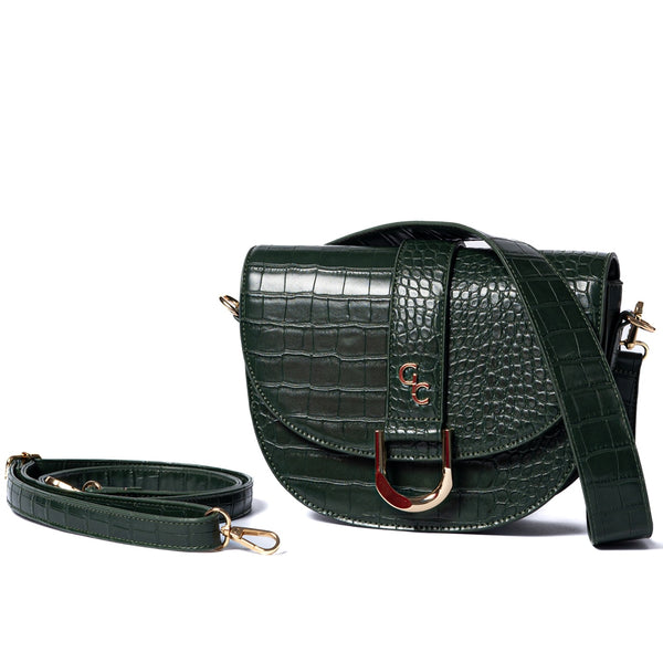 belleek Galway Crystal Fashion Saddle Bag Forest Green Croc Detail