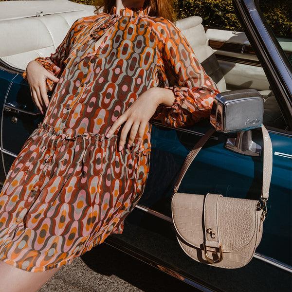 Belleek Galway Crystal Fashion Saddle Bag Light Taupe Croc Detail