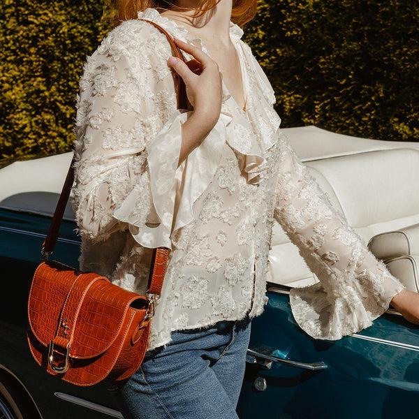 Belleek Galway Crystal Fashion Saddle Bag Tan Croc Detail