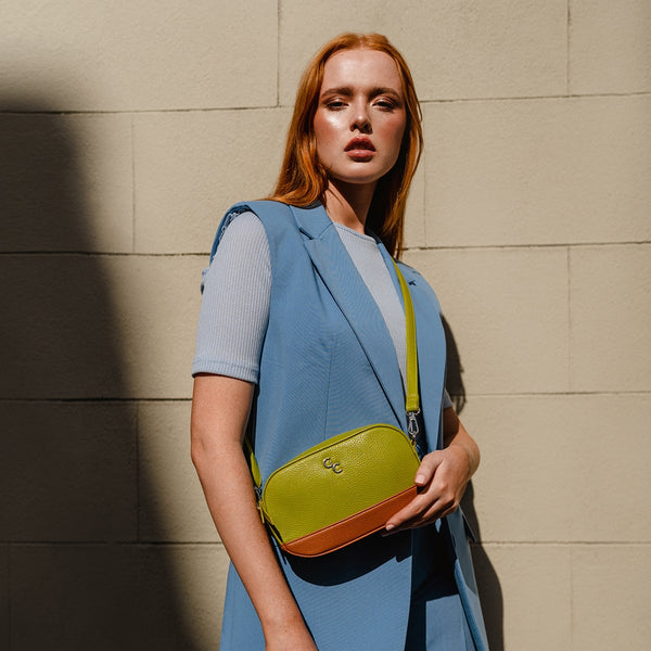 Belleek Galway Crystal Fashion Two Tone Crossbody Bag - Lime/Tan