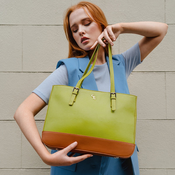 Belleek Galway Crystal Fashion Two Tone Large Tote Bag - Lime/Tan