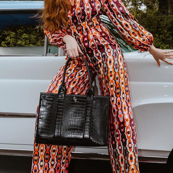 Belleek Galway Crystal Fashion XL Tote Black Croc Detail