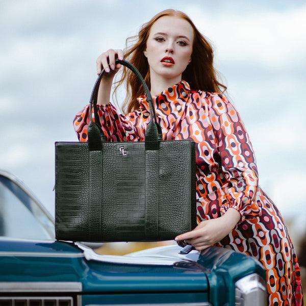 Belleek Galway Crystal Fashion XL Tote Green Croc Detail