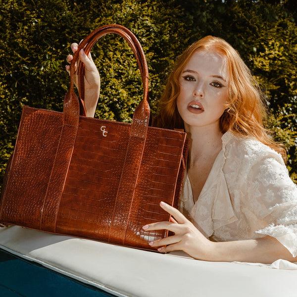 Belleek Galway Crystal Fashion XL Tote Tan Croc Detail