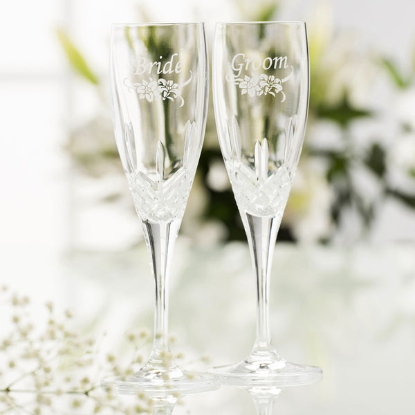 Belleek Galway Crystal Floral Bride & Groom Flute Pair