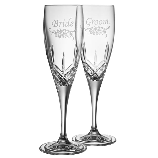belleek Galway Crystal Floral Bride & Groom Flute Pair