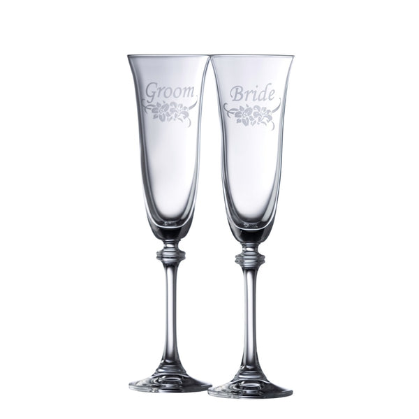 belleek Galway Crystal Floral Bride & Groom Liberty Flute Pair