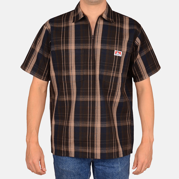 ben davis Short Sleeve Plaid 1/2 Zip Shirt - Brown